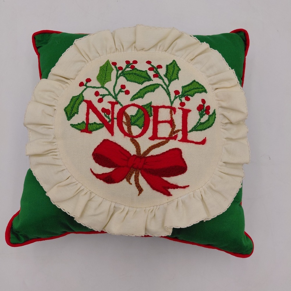 Cross Stitched Christmas Throw Pillow Noel Holly 9.5" Square Cottagecore Cabin